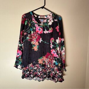 Johnny Was Black Floral V-Neck Tunic with Pink & Green Accents